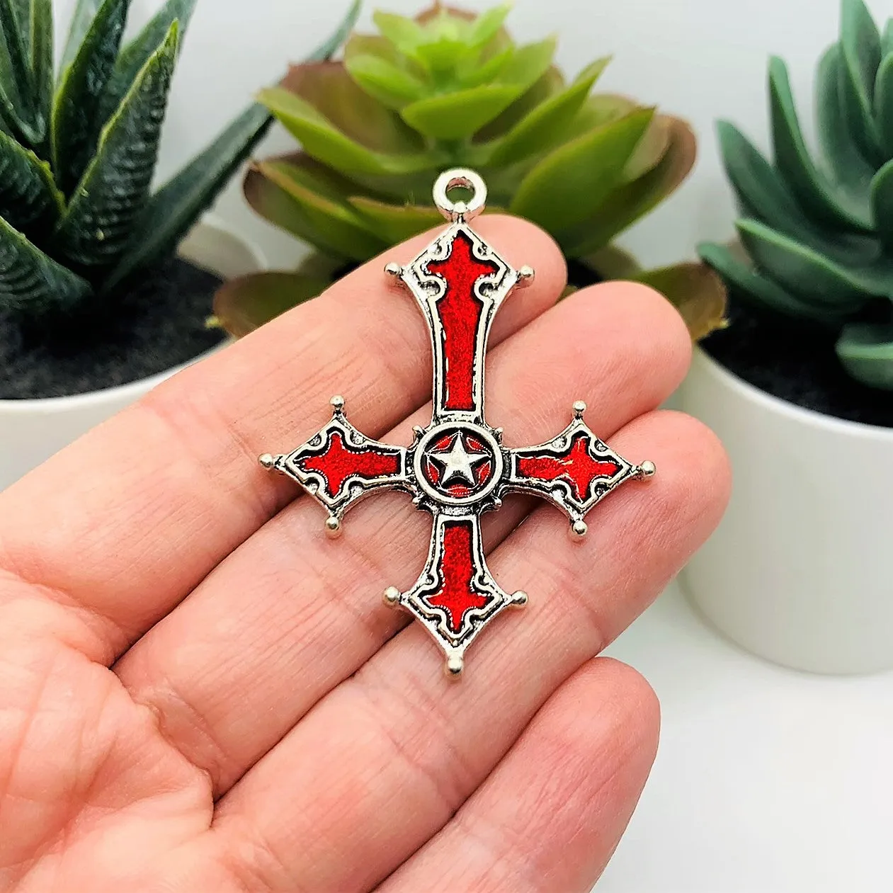 1, 4 or 20 Pieces: Antique Silver and Red Enamel Inverted Cross Pendants