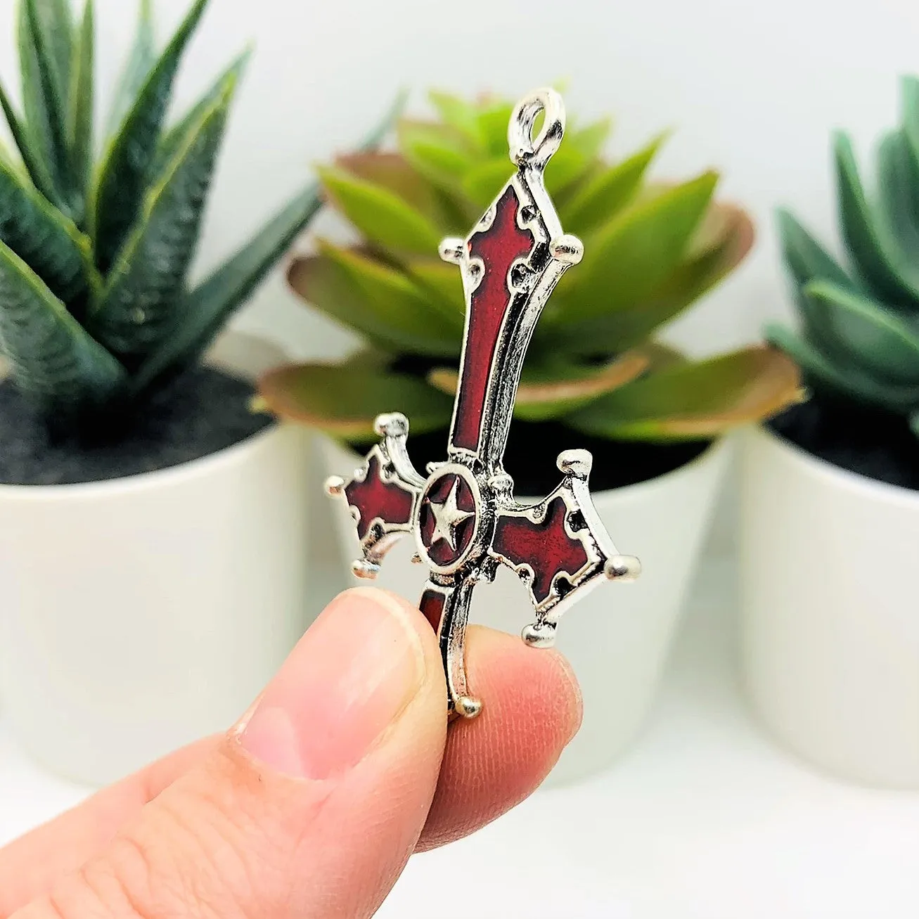 1, 4 or 20 Pieces: Antique Silver and Red Enamel Inverted Cross Pendants