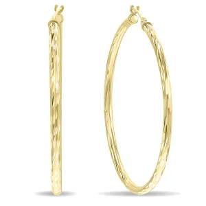 10K Yellow Gold Shiny Diamond Cut Engraved Hoop Earrings (40mm)