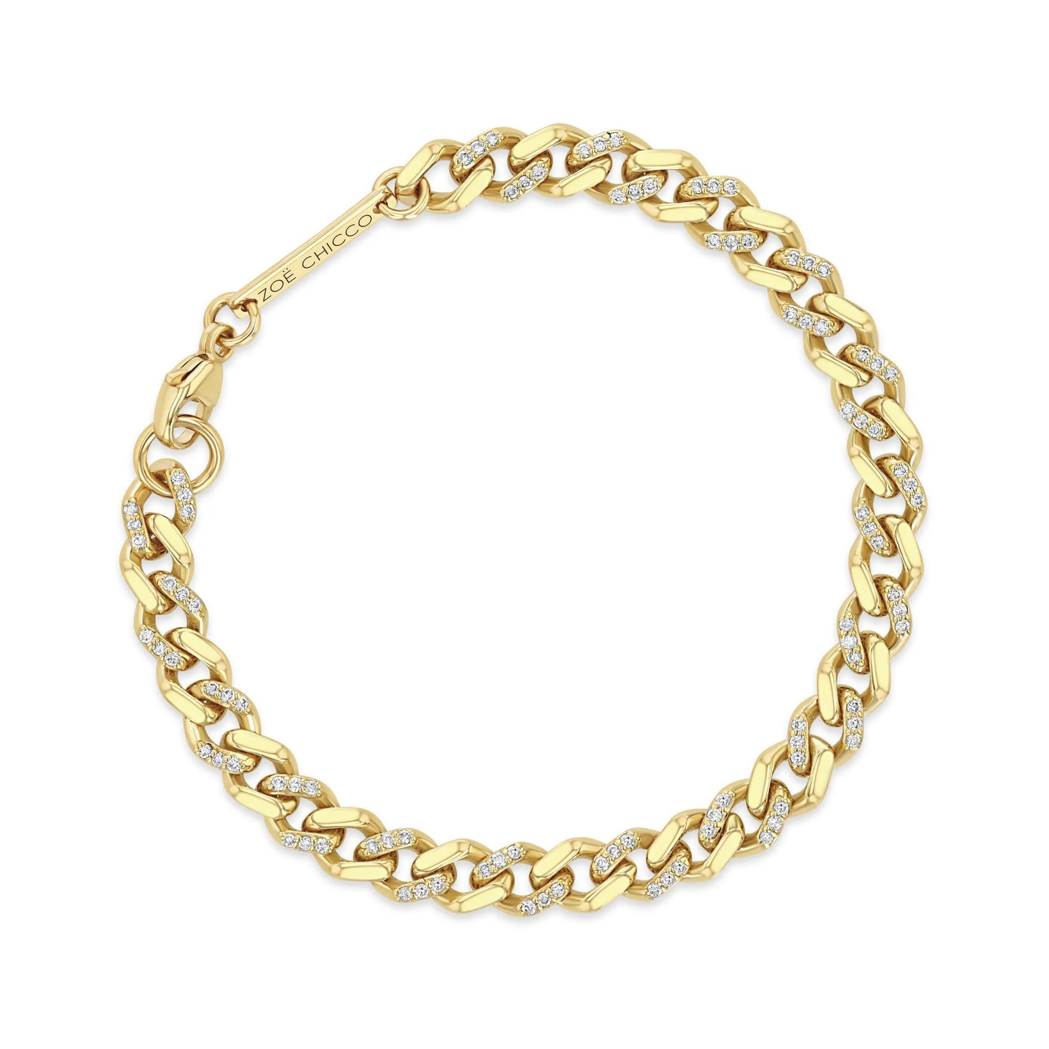 14k Gold & Alternating Pavé Diamond Medium Curb Chain Bracelet