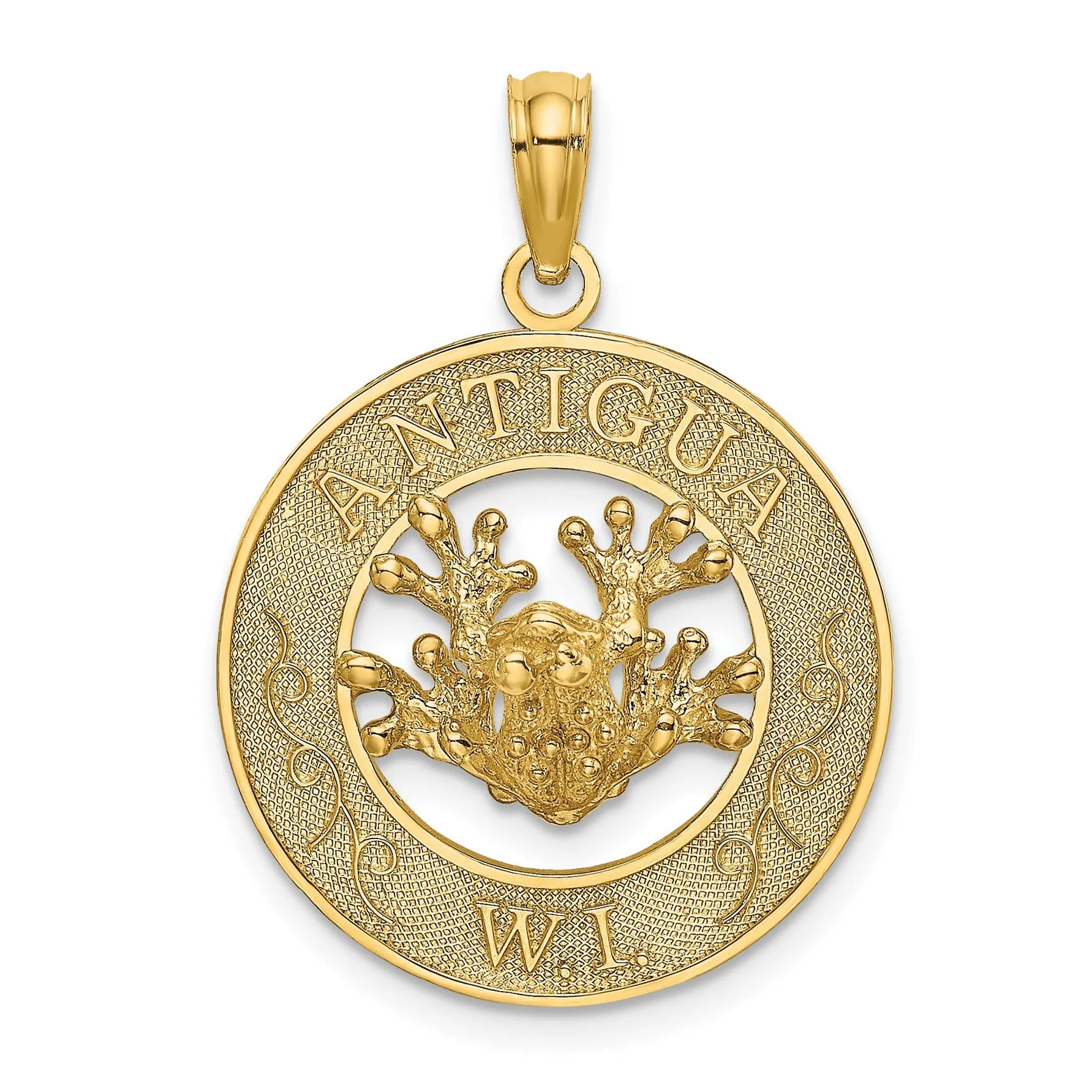 14K Yellow Gold Polished Finish Close Back ANTIGUA, W.I Circle Design with Frog Charm Pendant