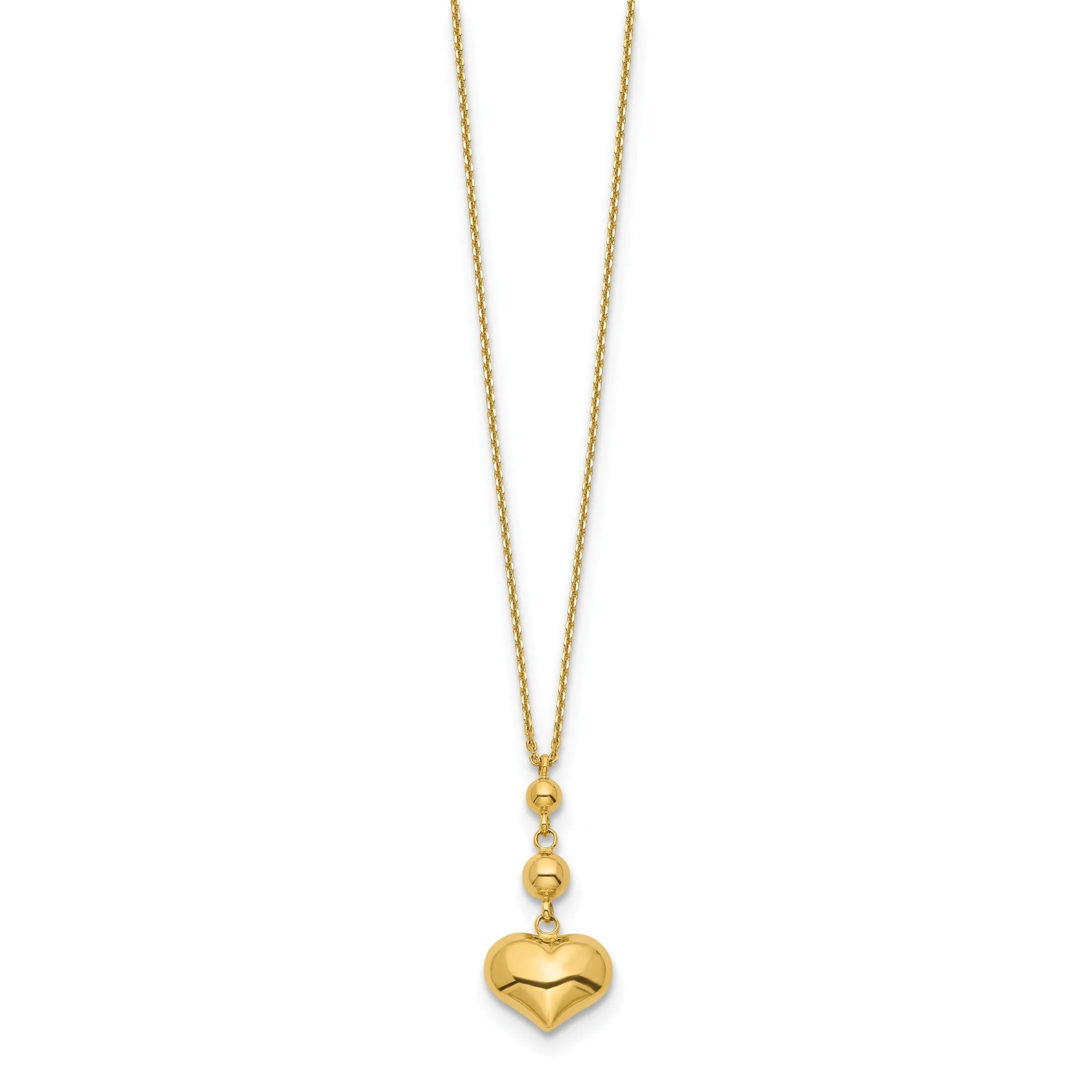 14k Yellow Gold Polished Finish Heart with Beads Design Pendant in a16-inch Cable Chain with 2-inch ext Necklace