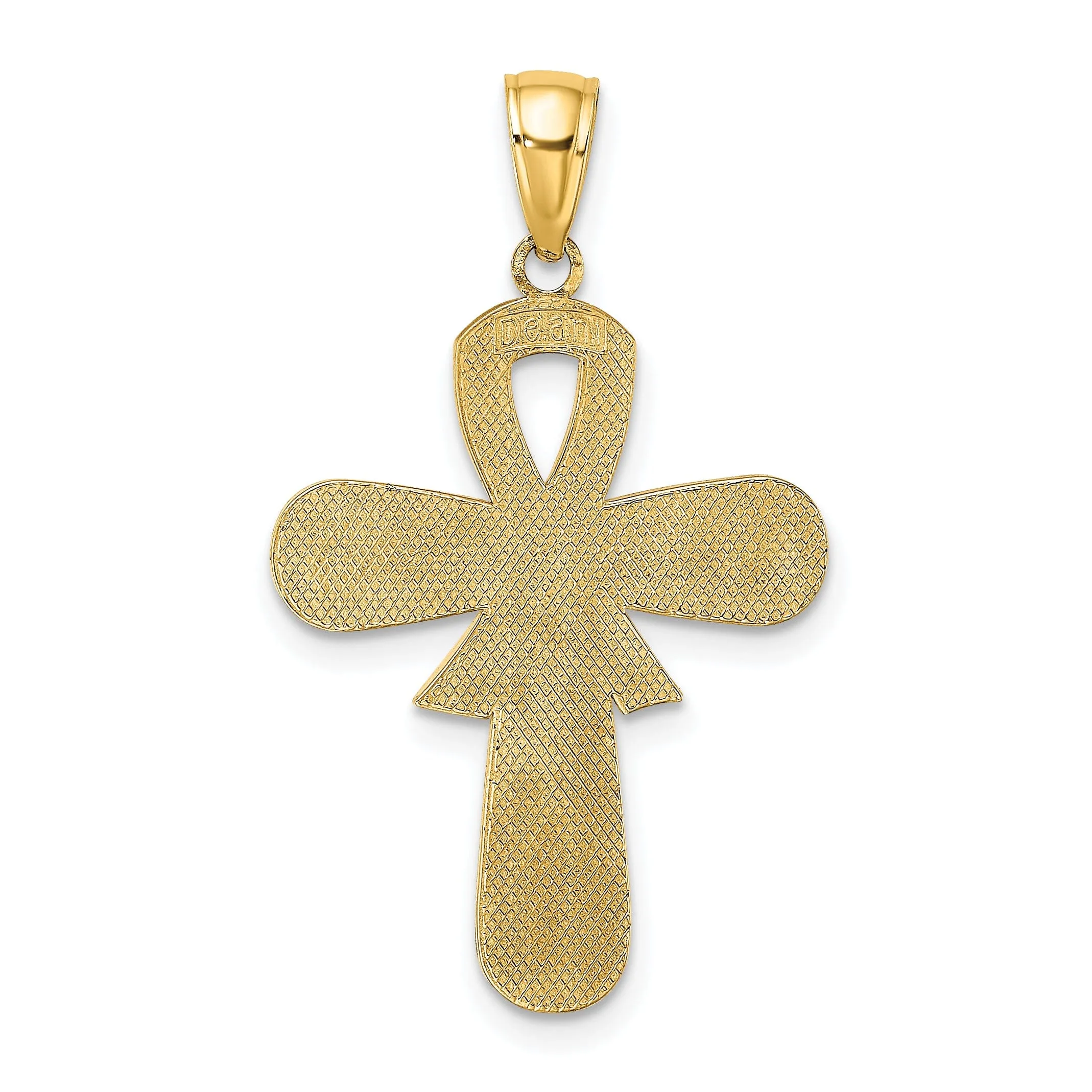 14K Yellow Gold Textured Polished Finish Pink Enamel Finish Ribbon Breast Cancer Cross Pendant