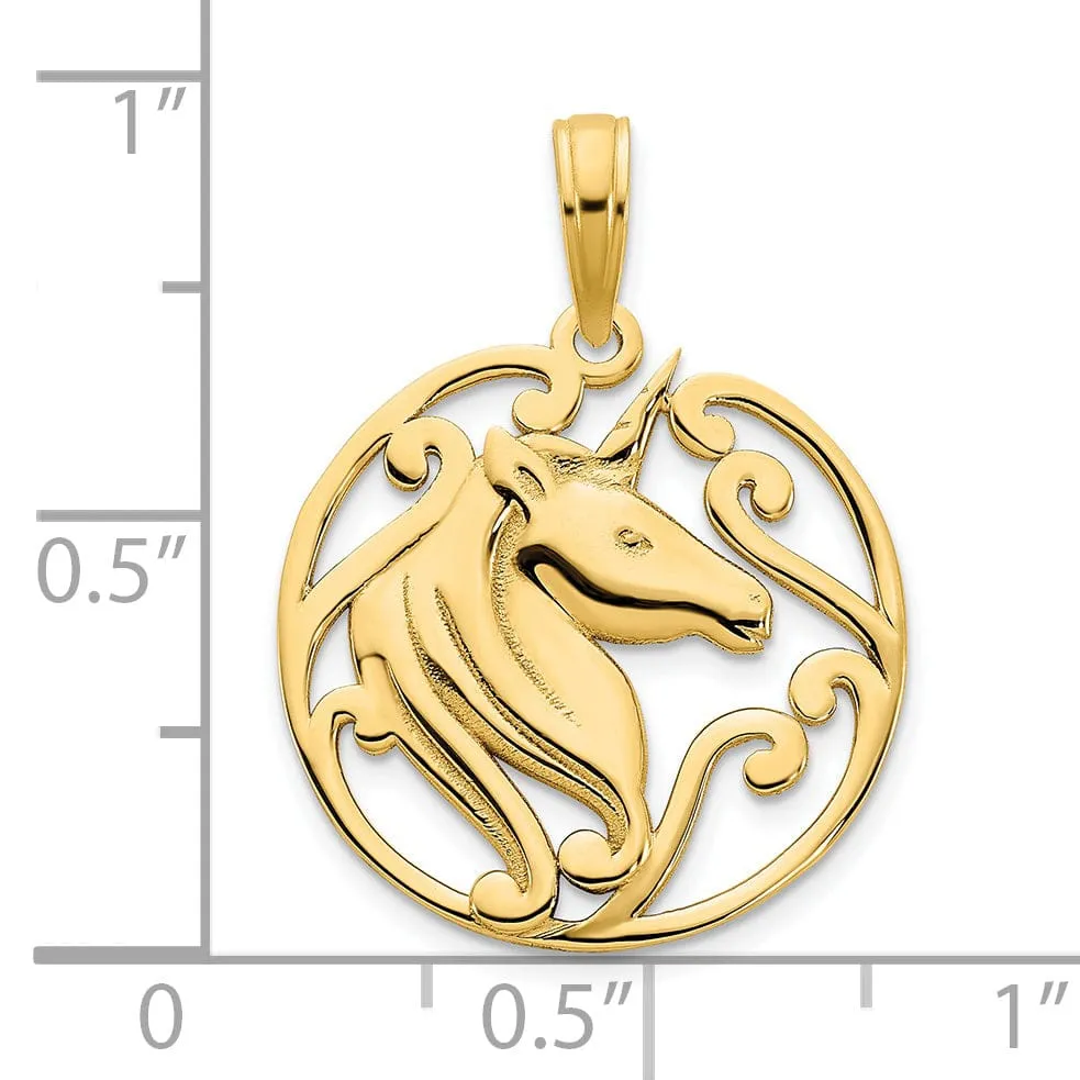 14k Yellow Gold Textured Polished Finish Unicorn in a Circle Design Womens Charm Pendant