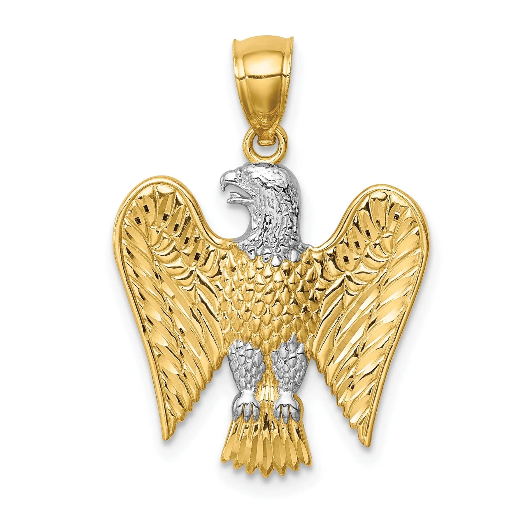 14K Yellow Gold White Rhodium Polished Textured Finish Mens Eagle Charm Pendant