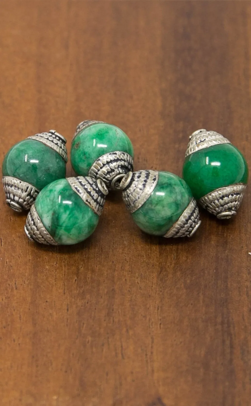 5 Tribal Beads - 13mm Jade Nepal Beads - Capped Antique Spacer Beads - B11/Green