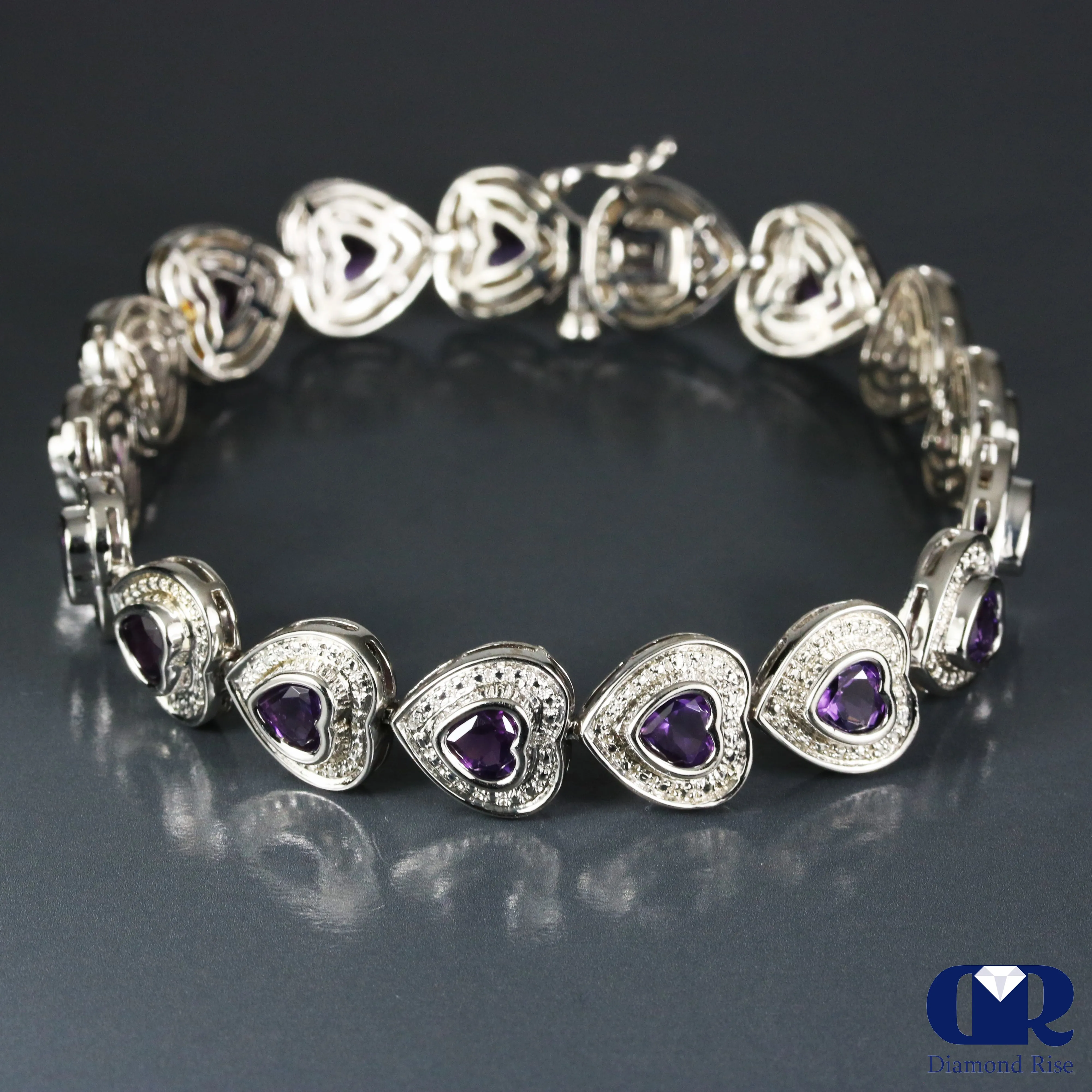 5.20 Carat Natural Amethyst Heart Shaped Bracelet 14K White Gold