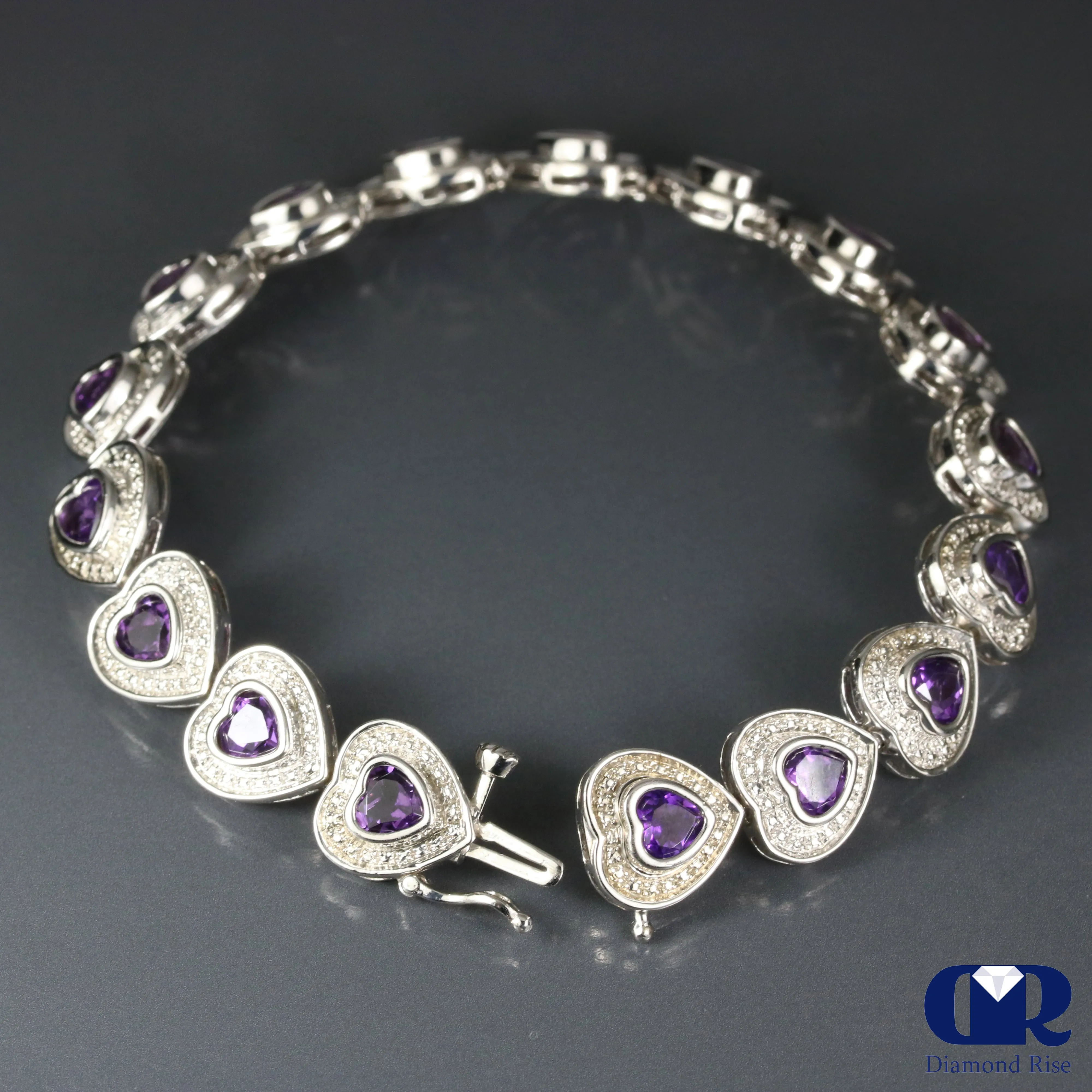 5.20 Carat Natural Amethyst Heart Shaped Bracelet 14K White Gold