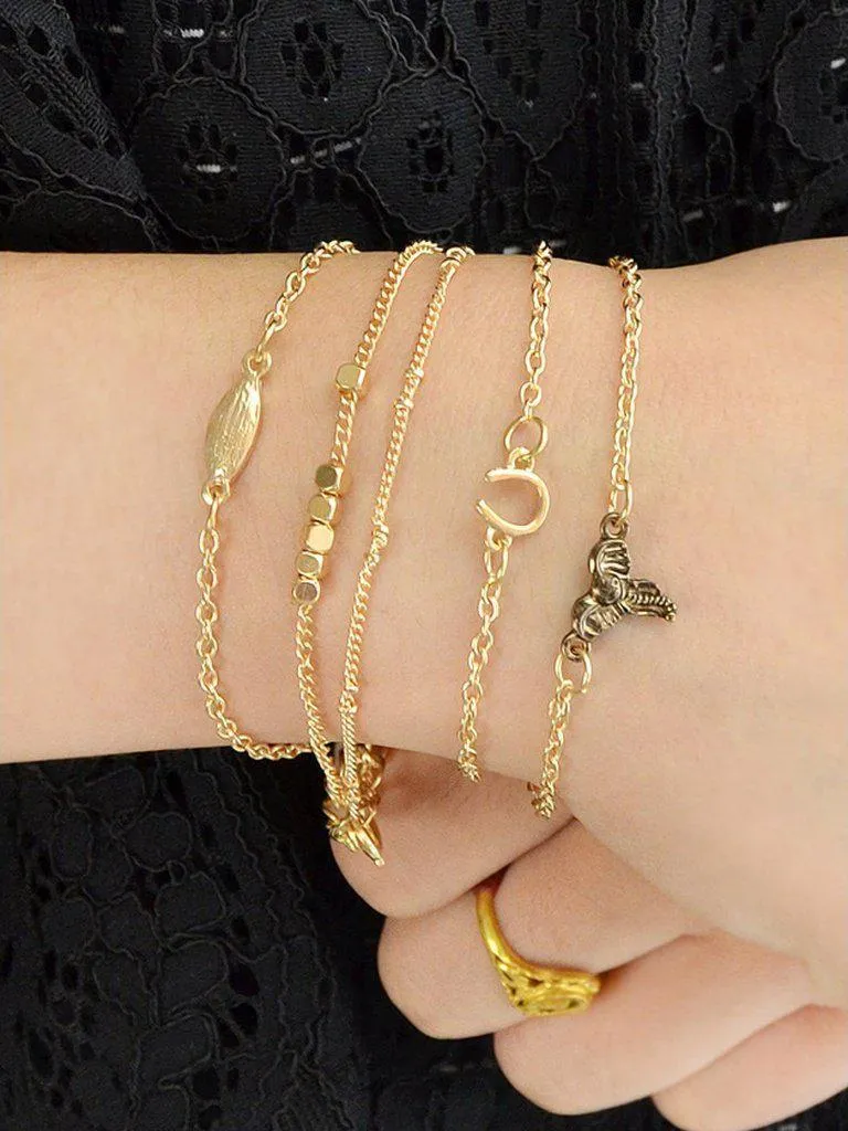 5Pcs/Set Boho Chic Leaf V Shape Elephant Head Charm Bracelets