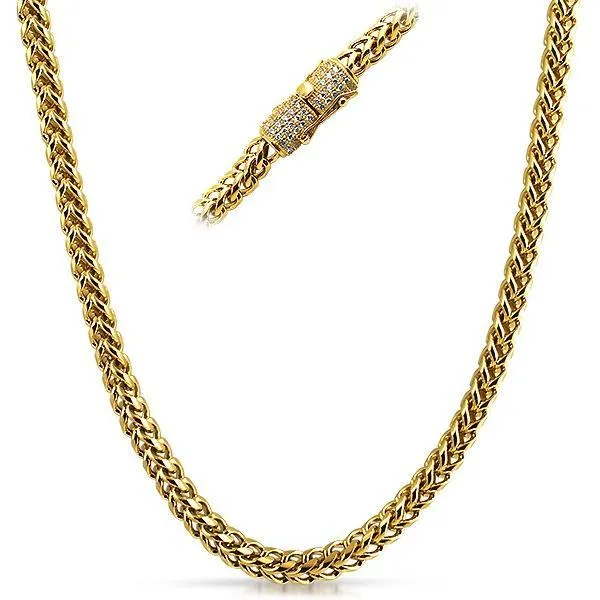 6MM CZ Diamond Clasp Gold Steel Franco Chain (24 Inches)