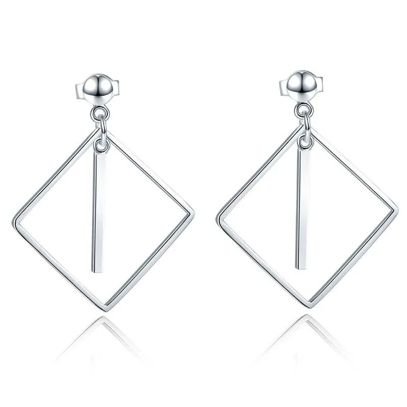 925 Sterling Silver Earrings Dangle Square Fashion Stylish Jewelry