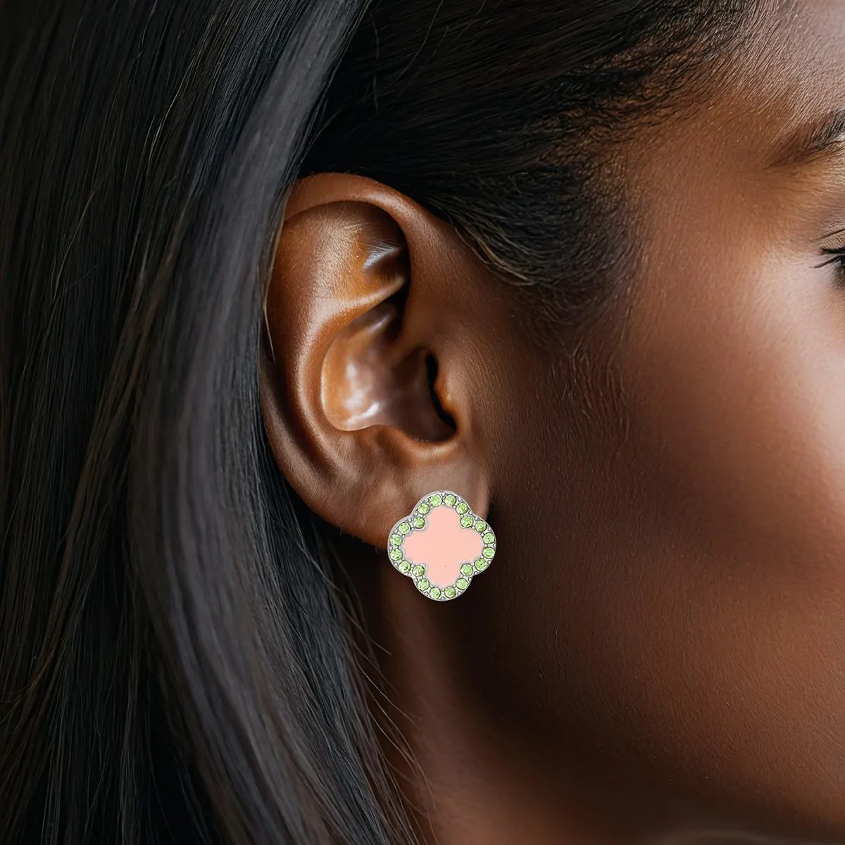 AKA Alpha Kappa Alpha Inspired Earrings Pink Silver Green Rhinestone Clover Studs