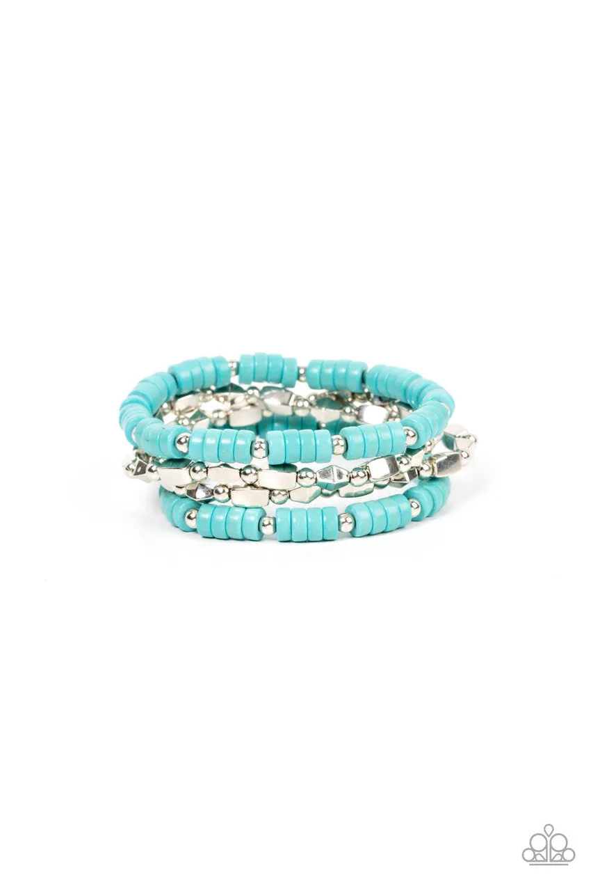 Anasazi Apothecary - Blue - Turquoise Stone Disc Silver Bead Paparazzi Stretchy Bracelet