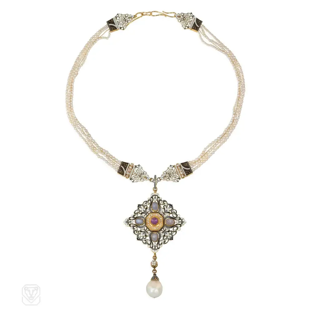 Antique Giuliano multi-gem, pearl, and enamel necklace