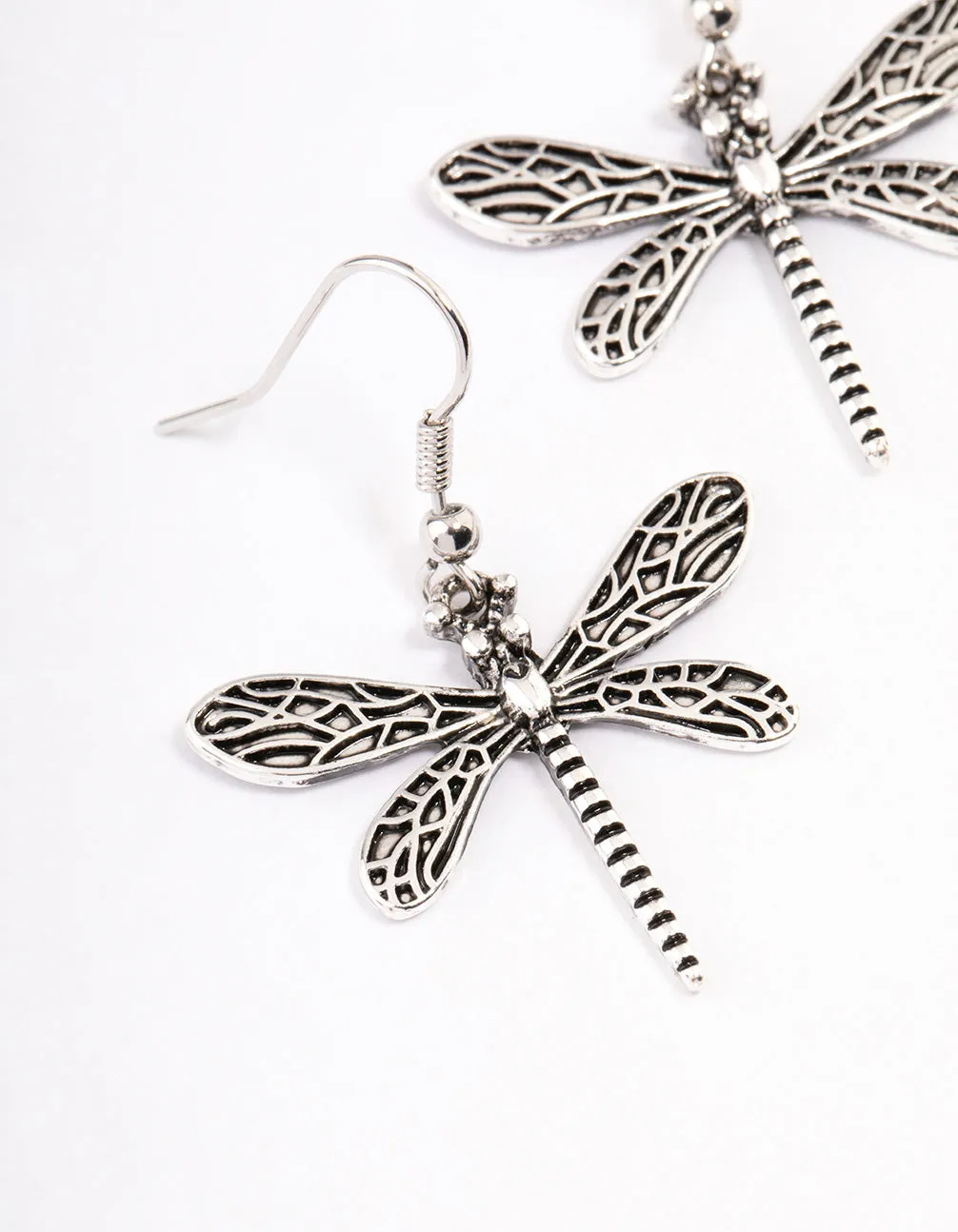 Antique Silver Dragonfly Drop Earrings