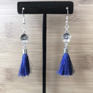 Antique Silver Flower with Blue Tassel Dangle Earrings