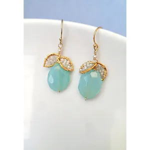 Aqua Leaf Earrings 4489 with White Zircon and Faceted Chalcedony Drops by Michelle Pressler Jewelry