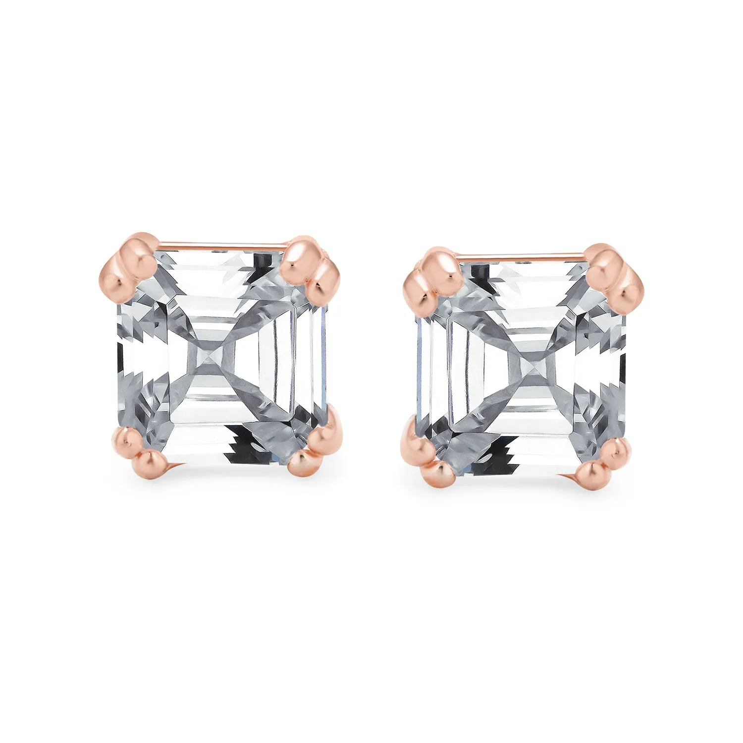 Asscher Cut CZ Stud Earrings in Rose Gold & Sterling Silver - Multiple Sizes