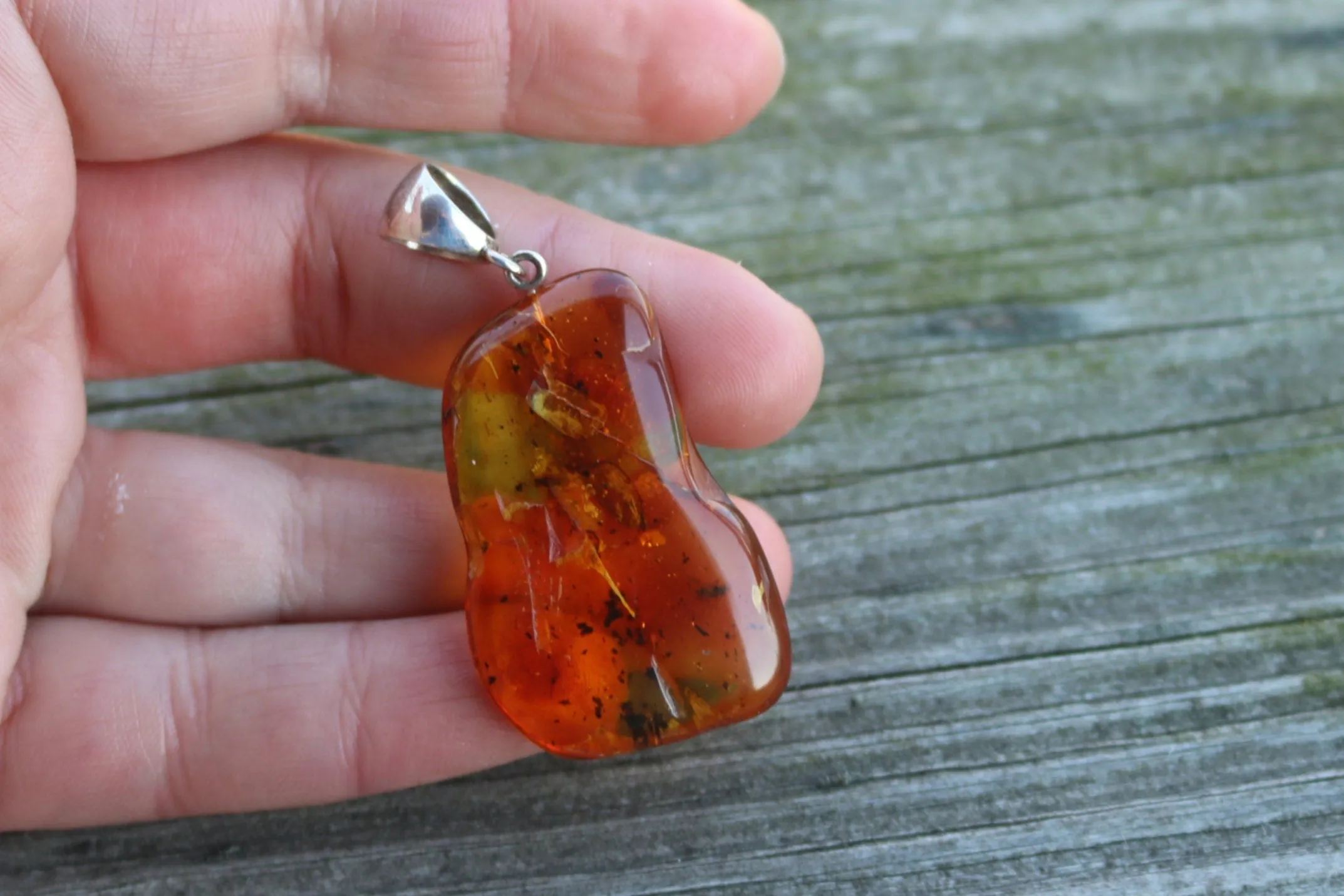 Baltic Amber Pendant Fossil Insect Natural Honey Unisex Jewelry 2.1" 5.2 gram 925 silver