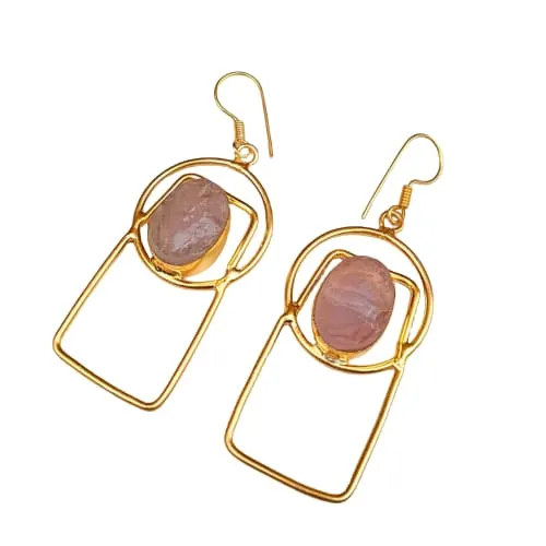 Beautiful Design Natural Rose QUartz Gemstone Bezel Set Dangle Earrings