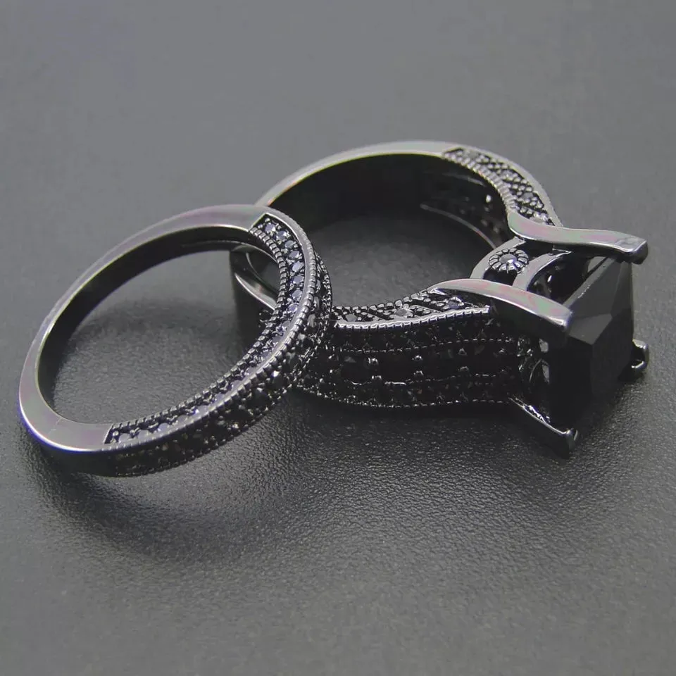 Black  Gothic Zircon Stone Wedding  Ring Set for bride