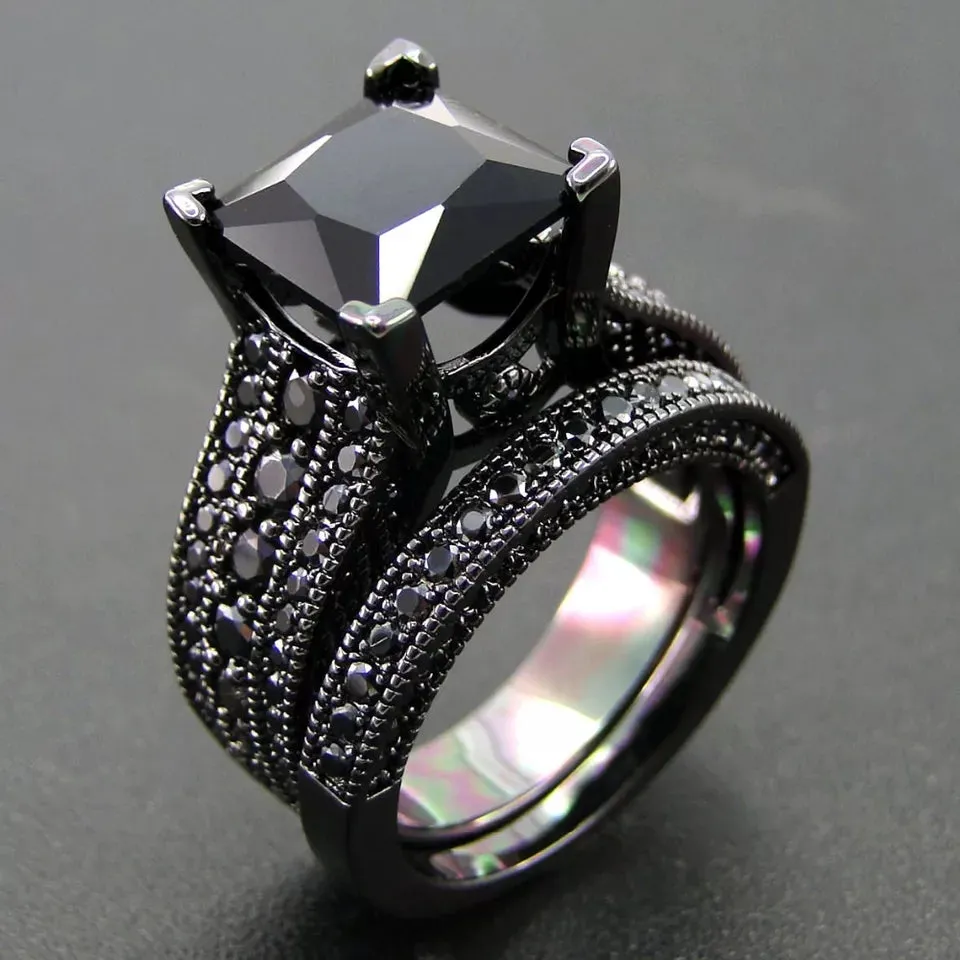 Black  Gothic Zircon Stone Wedding  Ring Set for bride