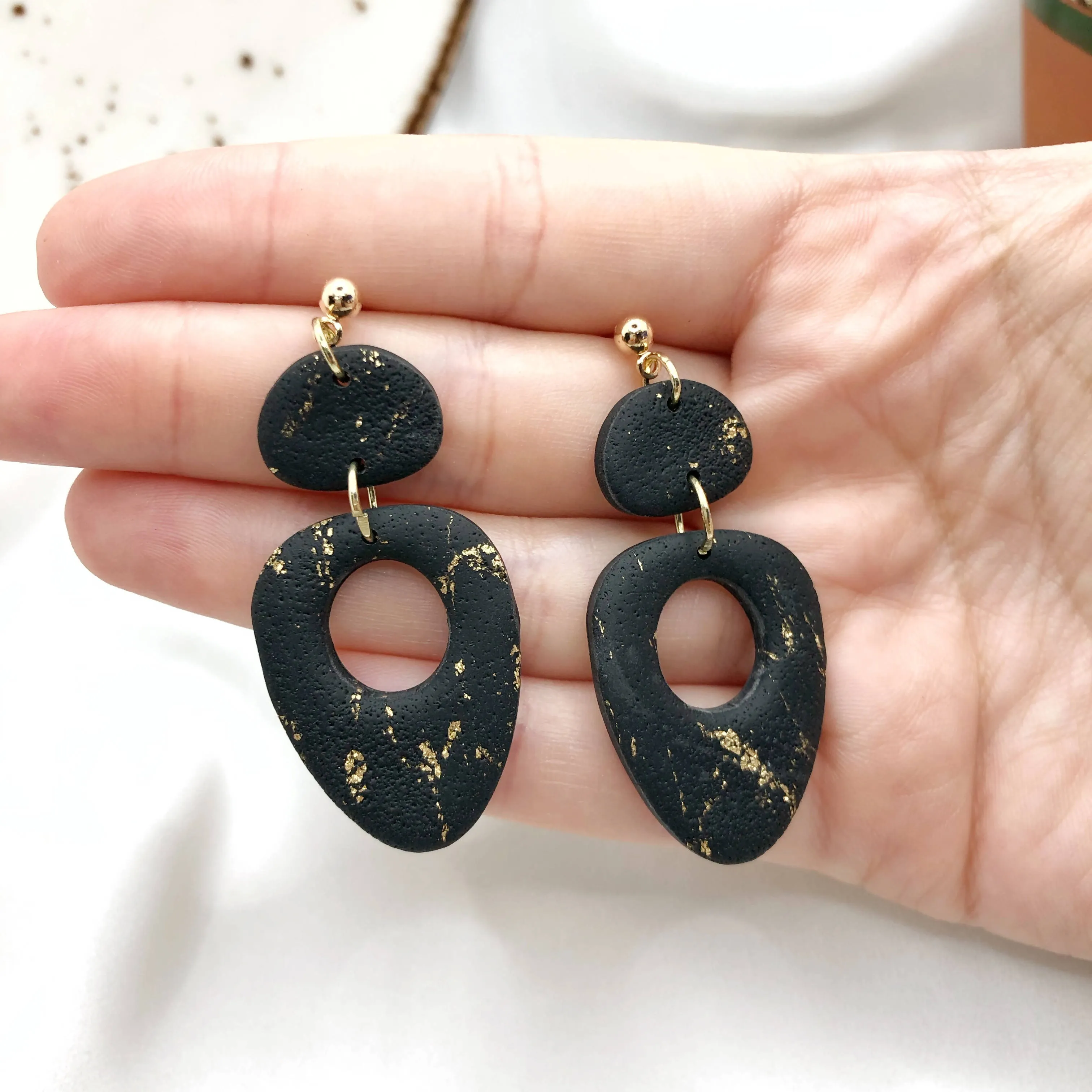 Black Handmade Polymer Clay Earrings - Anti Allergic Ear Backs