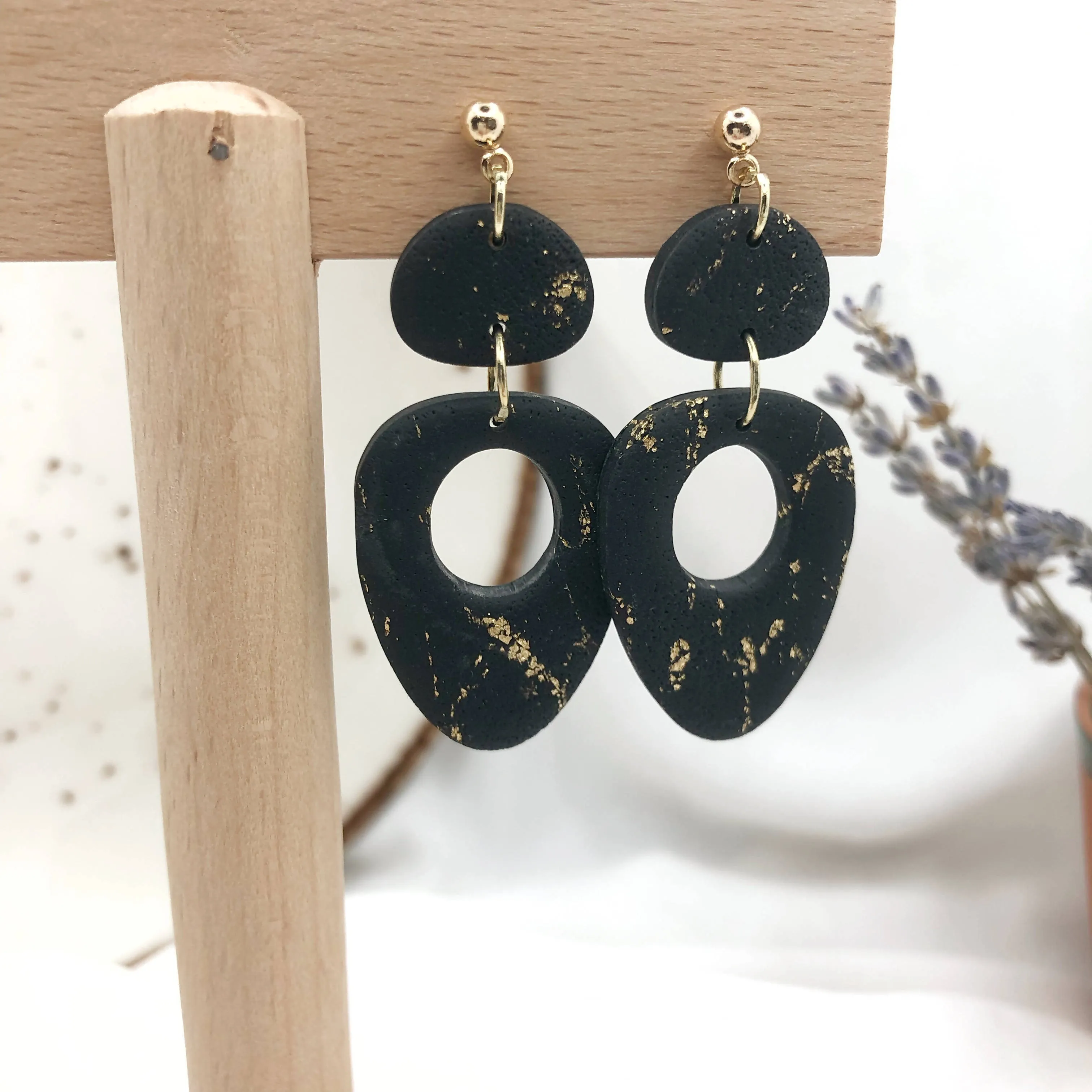 Black Handmade Polymer Clay Earrings - Anti Allergic Ear Backs