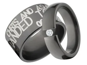 Black Zirconium Duck Band and Tension Set Ring Matching Set, His & Her Ring Set