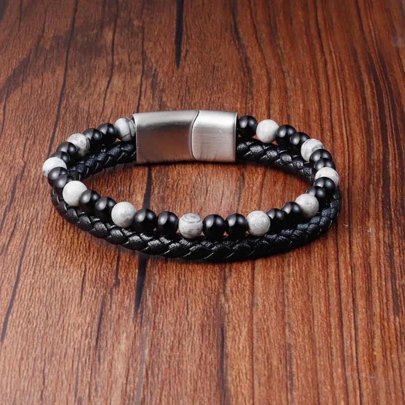 Braided Leather Natural Stone Onyx Map Beading Bracelet