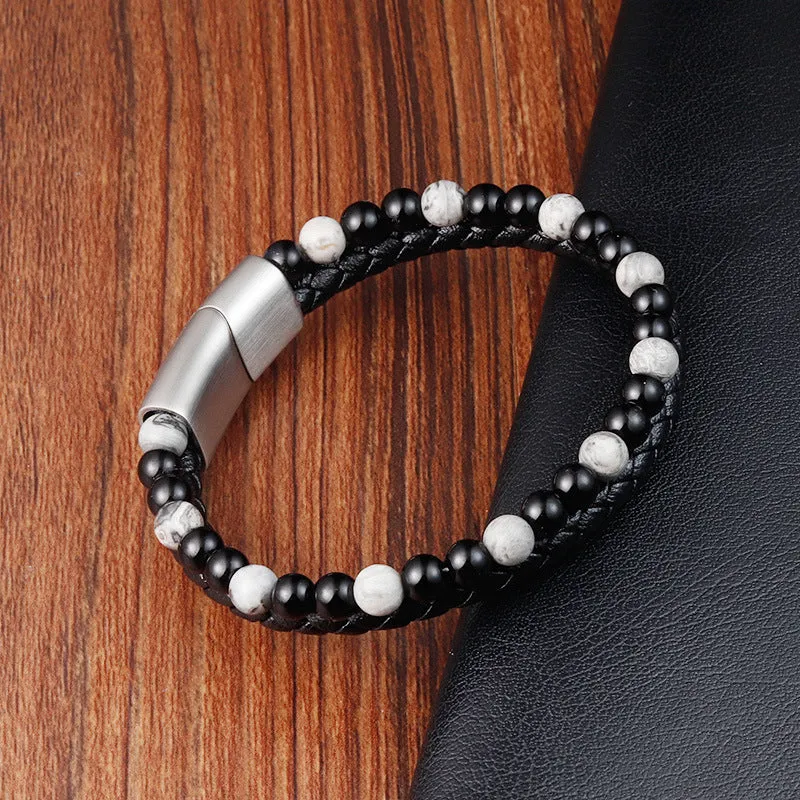 Braided Leather Natural Stone Onyx Map Beading Bracelet