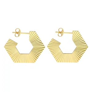 Chunky Gold Hexagon Radiant Hoop Earrings | Genuine 14K Yellow Gold