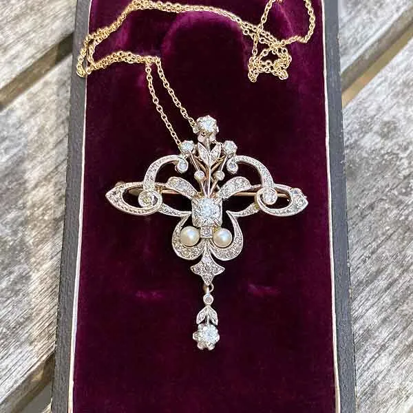 Edwardian Diamond & Pearl Pin Pendant