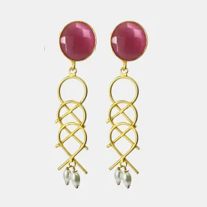 Elegant Gold-Plated Ruby and Pearl Drop Earrings