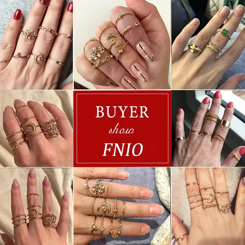 FNIO Bohemian Gold Color Chain Rings Set For Women Fashion Boho Coin Snake Moon Rings Party 2021 Trend Jewelry Gift