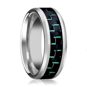 GALACTUS | Silver Tungsten Ring, Green Carbon Fiber, Beveled