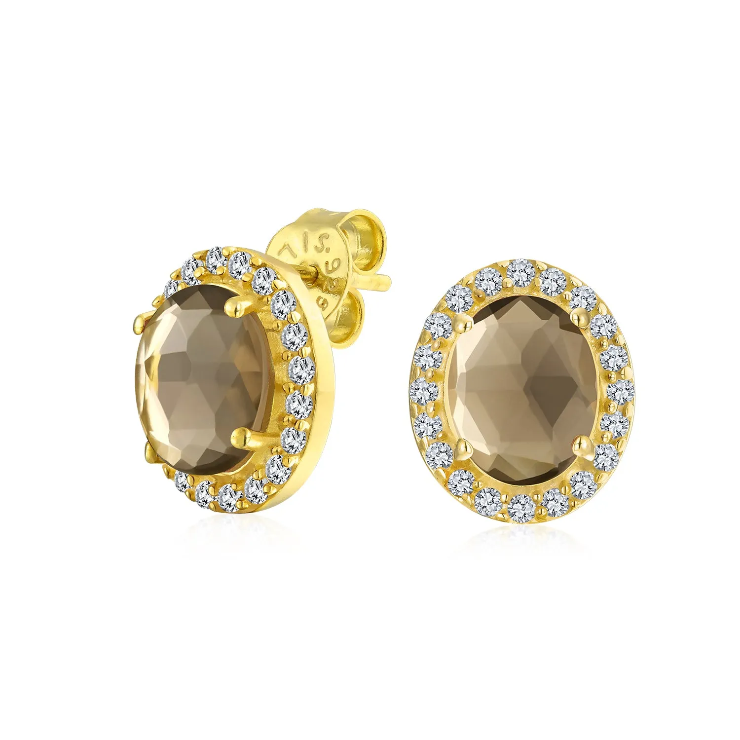 Genuine Gemstone Halo Solitaire Stud Earrings Gold Plated .925 Silver