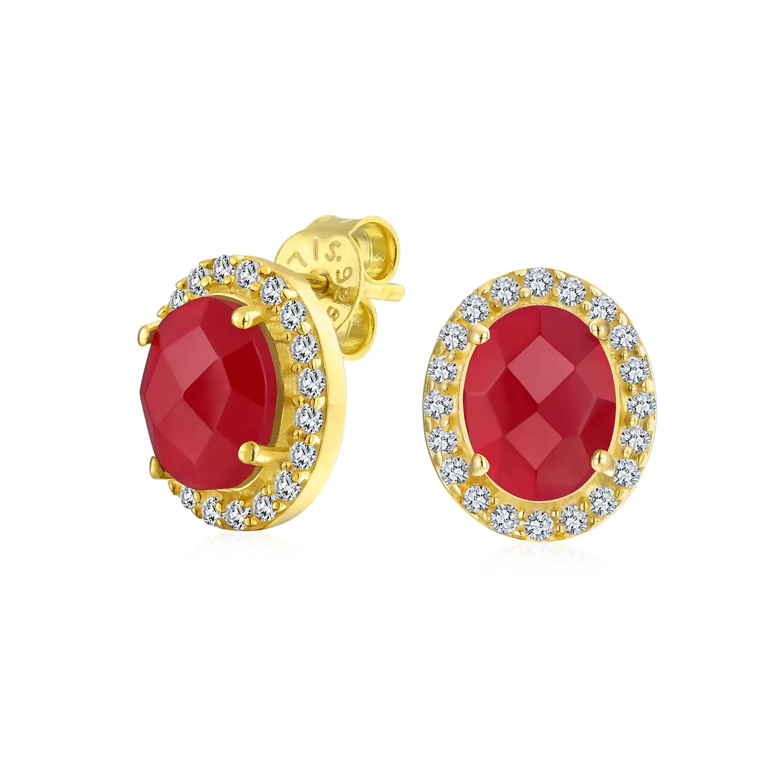 Genuine Gemstone Halo Solitaire Stud Earrings Gold Plated .925 Silver