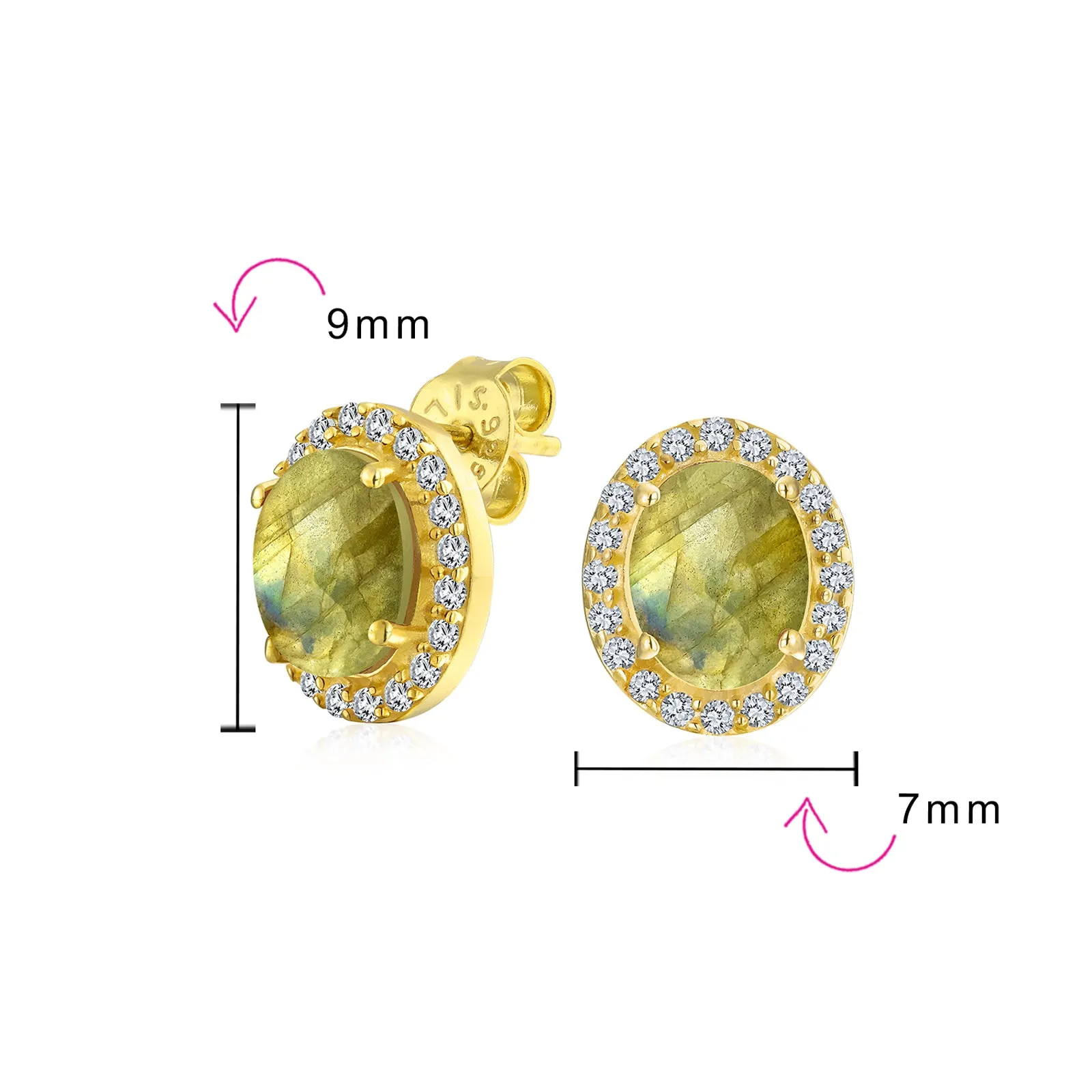 Genuine Gemstone Halo Solitaire Stud Earrings Gold Plated .925 Silver