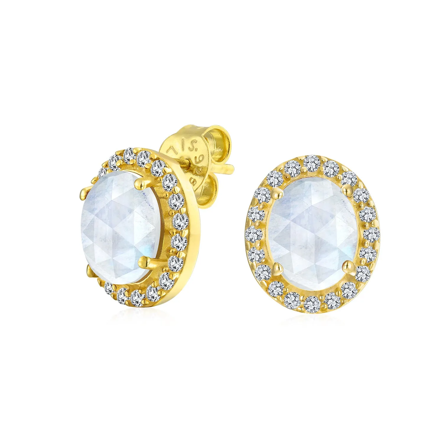 Genuine Gemstone Halo Solitaire Stud Earrings Gold Plated .925 Silver