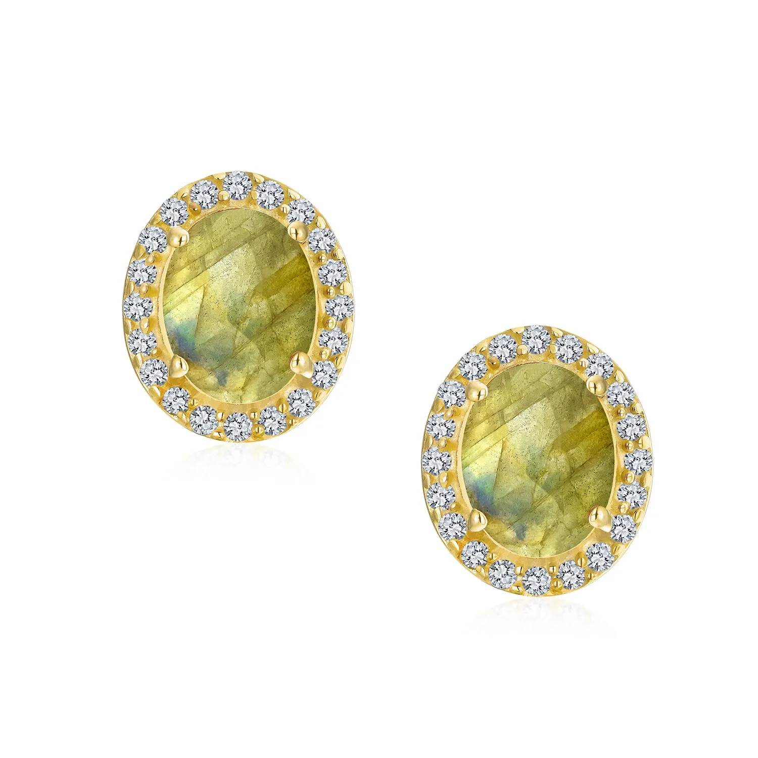 Genuine Gemstone Halo Solitaire Stud Earrings Gold Plated .925 Silver