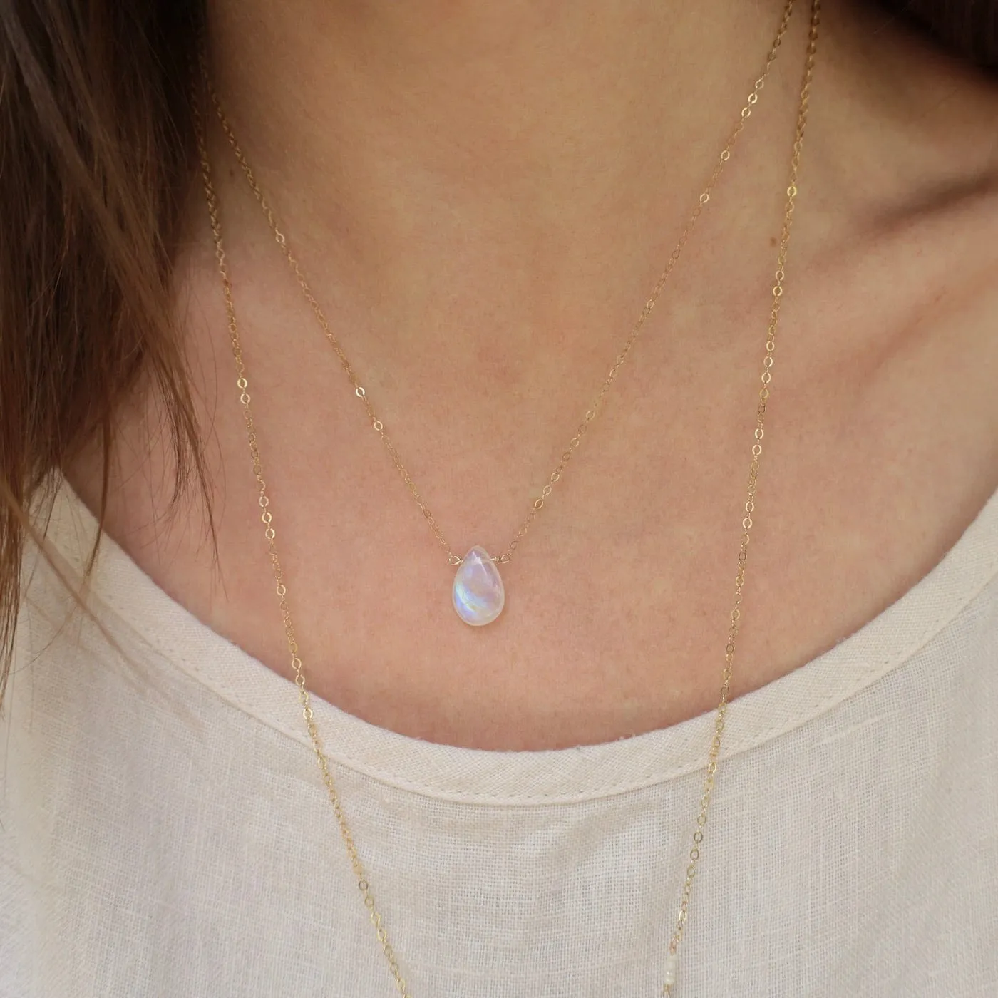 Gold Filled Smooth Rainbow Moonstone Drop Necklace