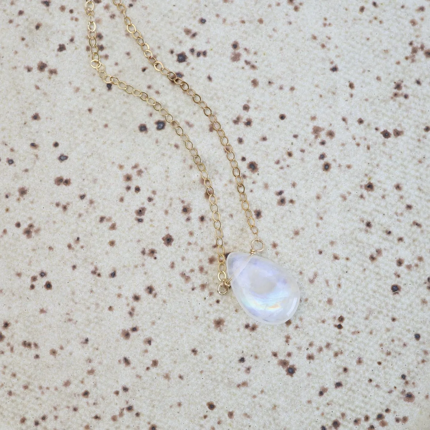 Gold Filled Smooth Rainbow Moonstone Drop Necklace