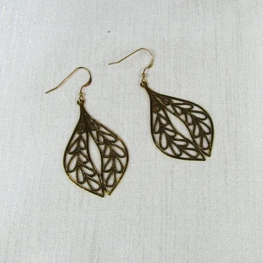 Gold Teardrop Earrings Leaf Motif