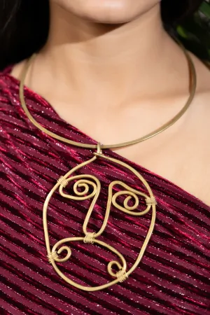 Handmade Dokra Brass Abstract Face Spiral Necklace - Unique Artistic Statement Jewelry