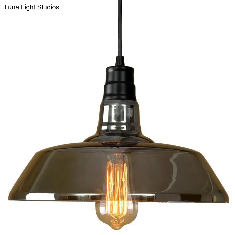 Industrial Smoke Grey Glass Pendant Light - Barn Shaped Diner Suspension Lighting with 1 Bulb