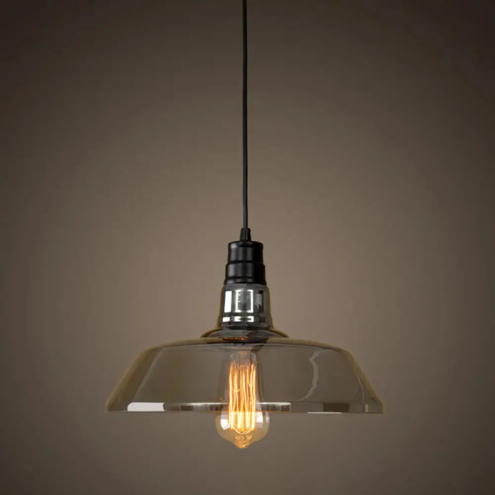 Industrial Smoke Grey Glass Pendant Light - Barn Shaped Diner Suspension Lighting with 1 Bulb