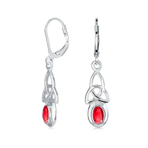 Irish Love Knot Oval Bezel Simulated Ruby Dangle Earrings Sterling Silver