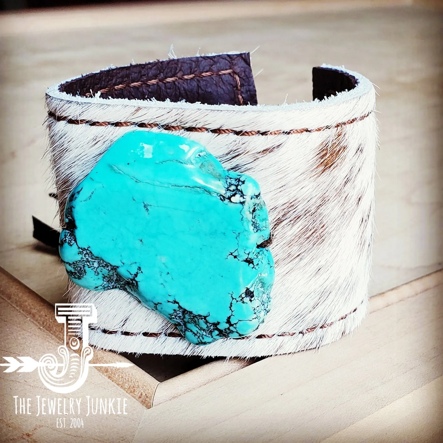 **Leather Cuff w/ Tie-Spotted Hair-on-Hide w/ Turquoise Slab (001p)