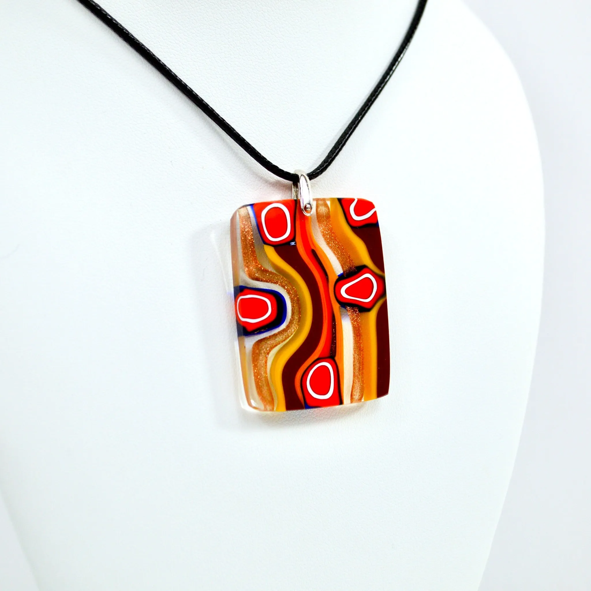 Murano Glass Millefiori Mosaic Rectangle Pendant, Red-Orange, Made in Italy